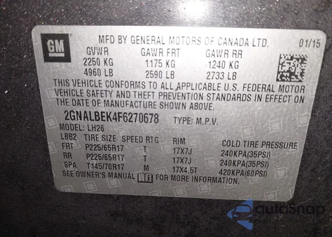 2015 Chevrolet Equinox 1Lt z USA, uszkodzony, nr VIN 2GNALBEK4F6270678